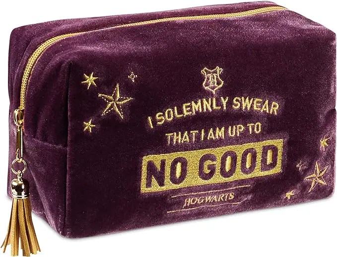 Burgundy harry potter make up bag with the words I solemnly swear I am up to no good