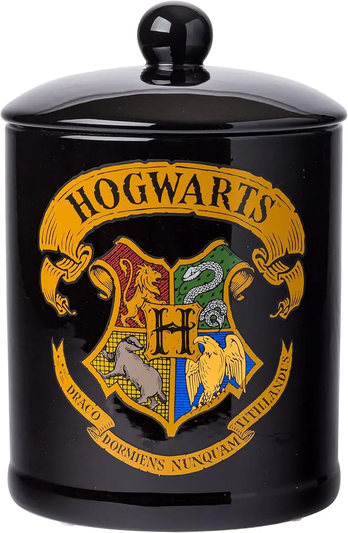 black ceramic cookie jar with Hogwarts crest