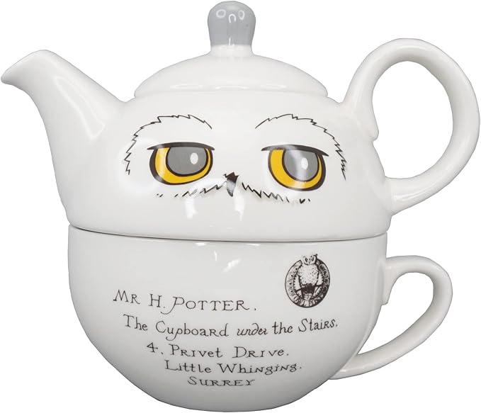 single serving teapot harry potter themed hedwig on top and hogwarts letter on cup