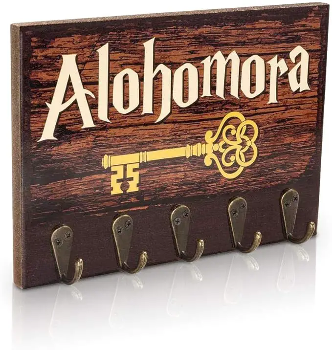 key rack with word Alohomora and a key