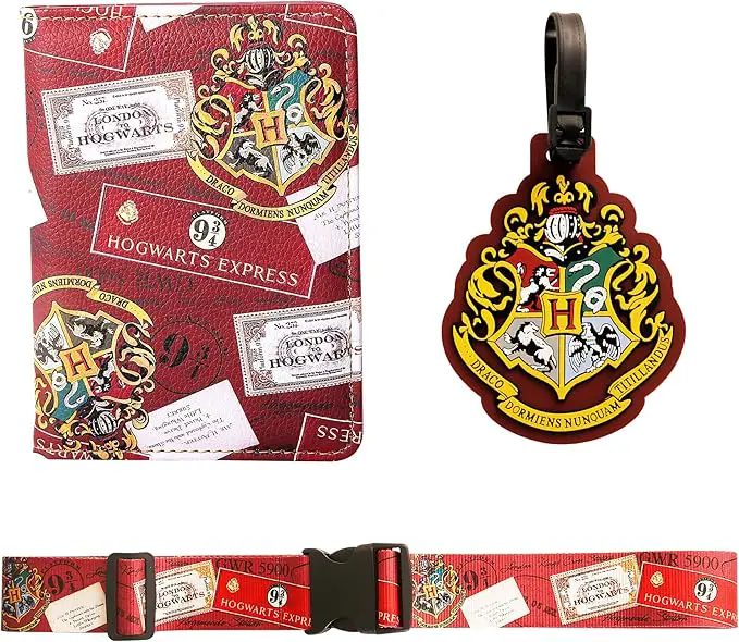 red passport cover with Harry Potter themed stickers on it