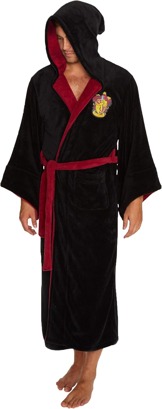 black bathrobe with red tie and hogwarts crest