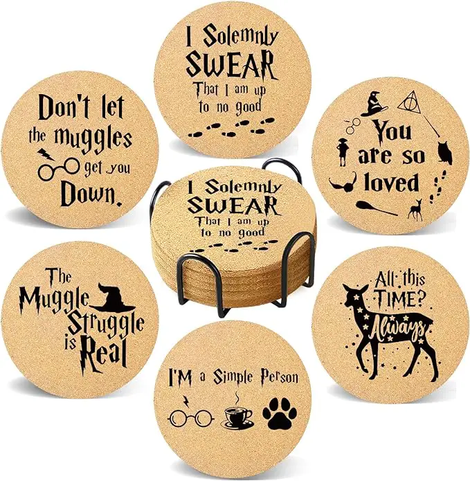 cork coasters with harry potter themed sayings