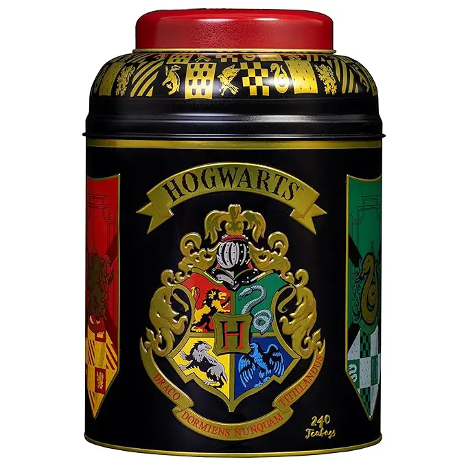 black tin with hogwarts crest with tea bags