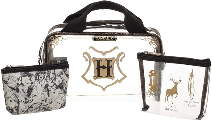 three small travel accessory bags white and black with Hogwarts crest