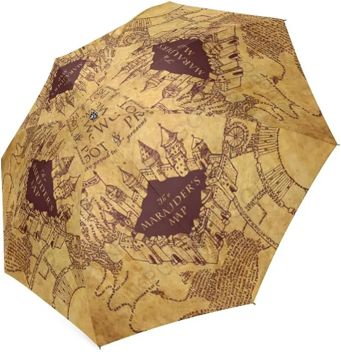 light brown umbrella decorated with Maurader's Map