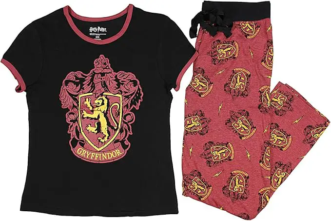 black womens top and red pajama pants hogwarts themed